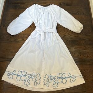 LAKE Dress. White with Blue Embroidery